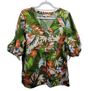 Emily Daniels Green Hawaiian Button V-Neck Top With Tie Detail At Sleeve Size XL